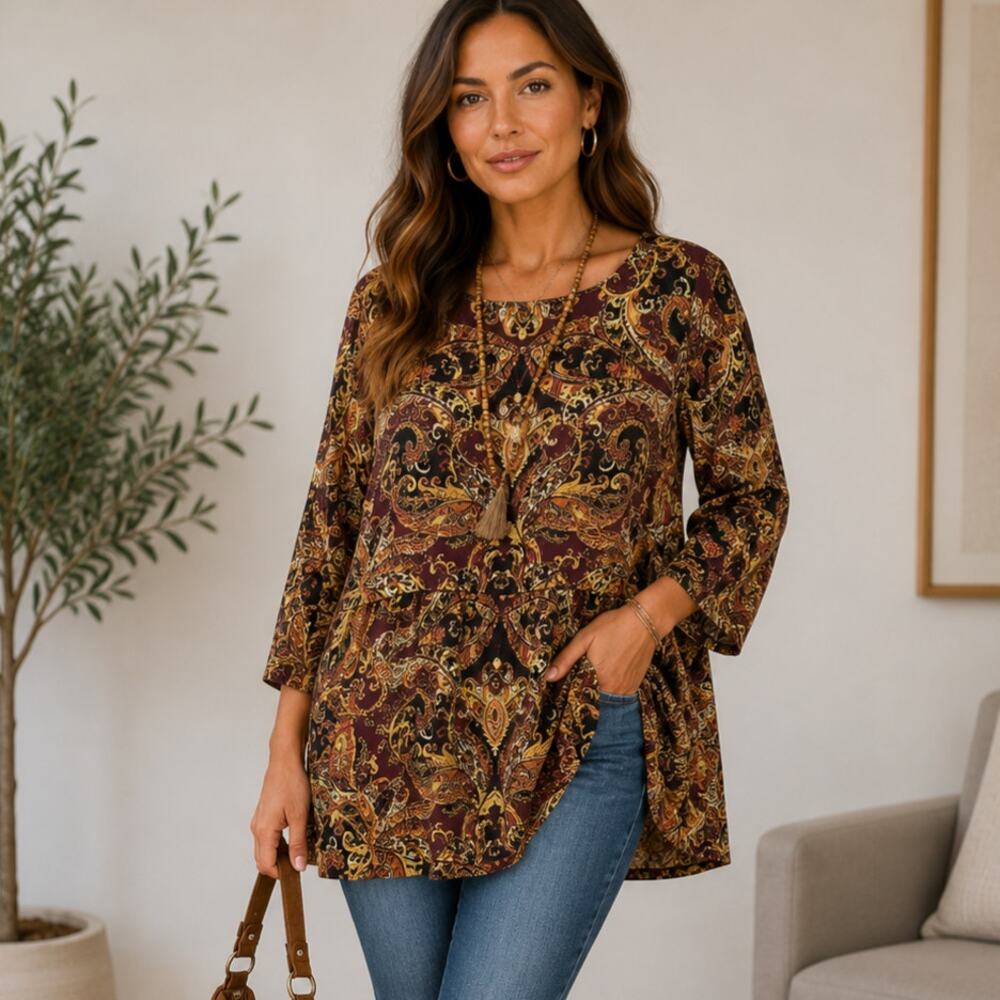 J. Jill Rayon Tunic Blouse Women's Size LP Rust Paisley NWOT Boho Maximalist